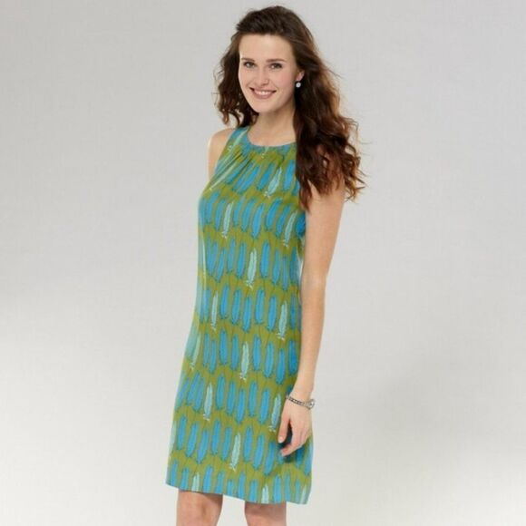 Fossil Silky Soft Feather Print Green Shift Dress Microfiber Sleeveless Tribal - Picture 2 of 10